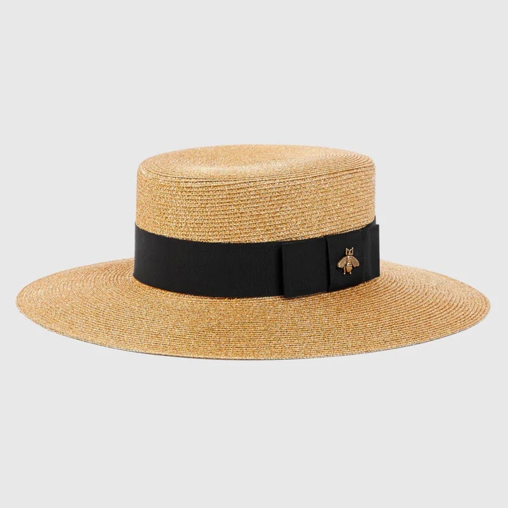 Gucci Tan Straw Hat with Black Ribbon
